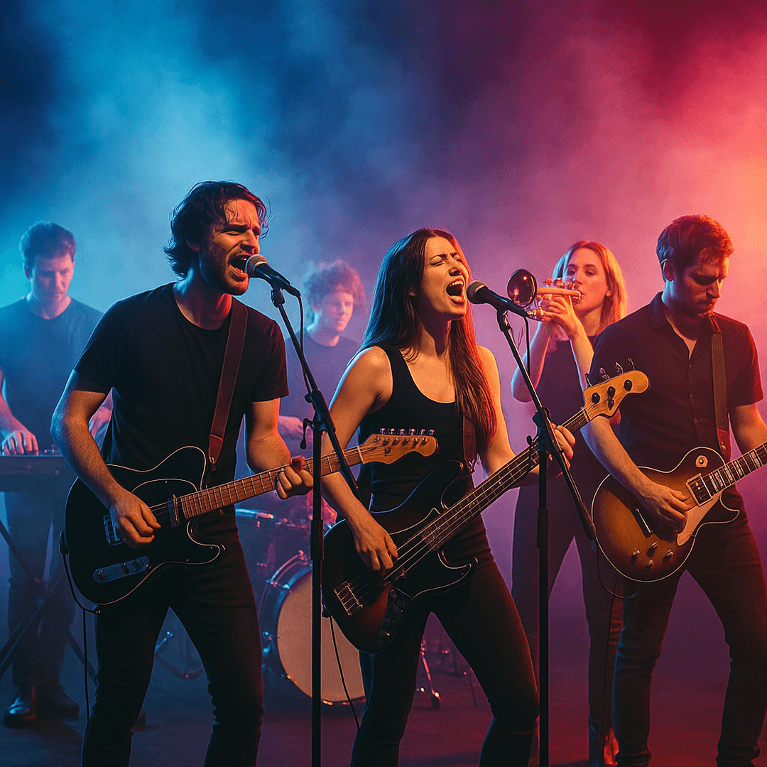 Concert lighting with the band in silhouette