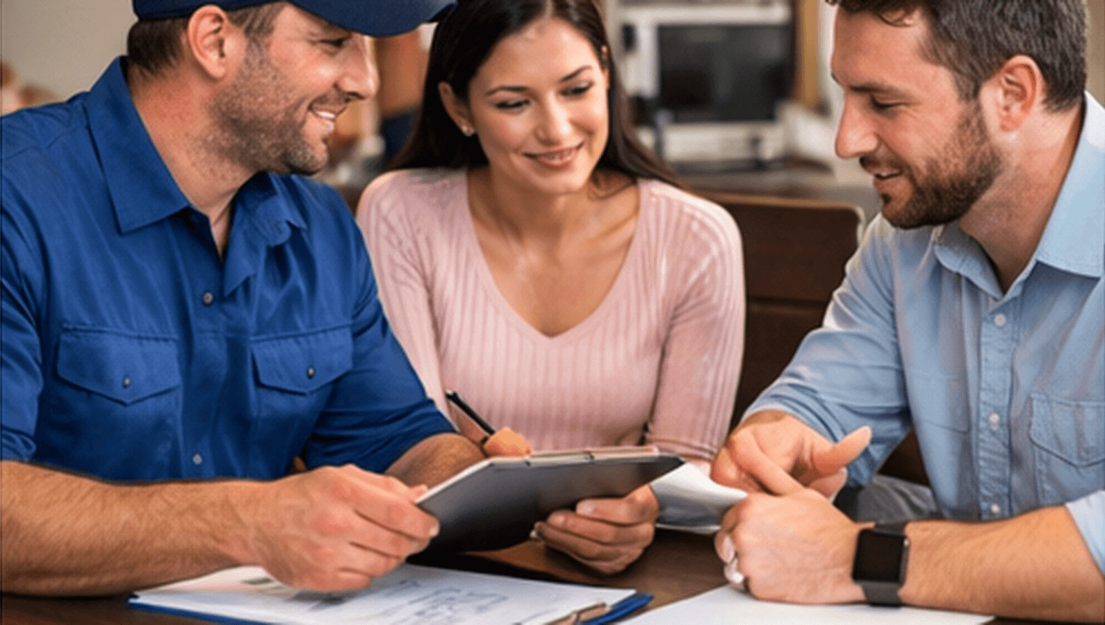 Homeowner reviewing service options with a technician