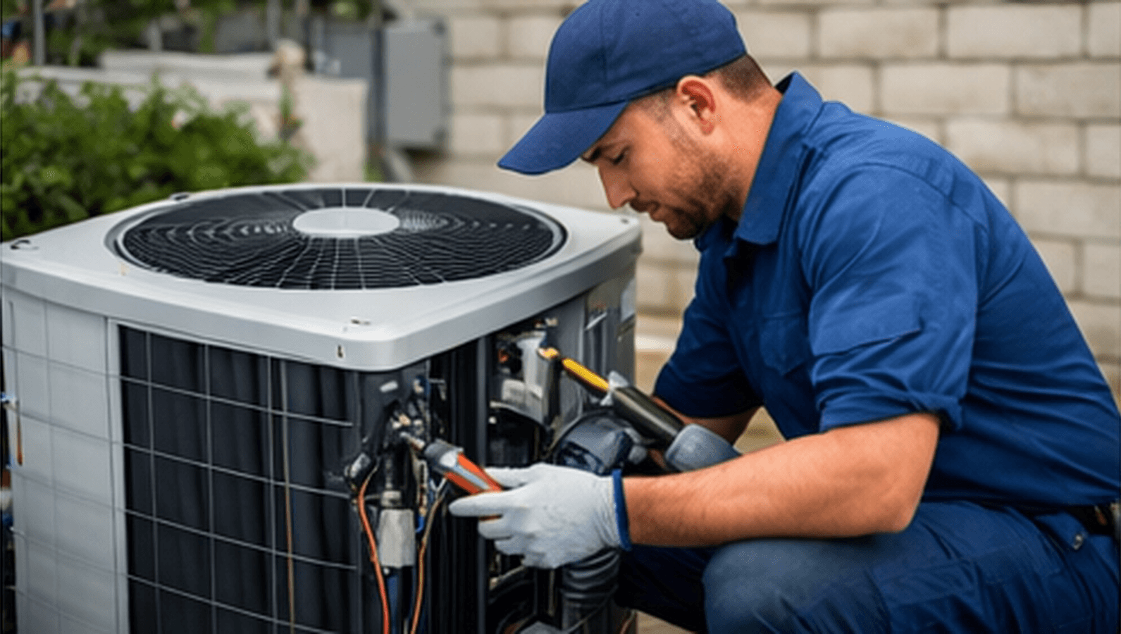 HVAC technician inspecting an outdoor air conditioning unit