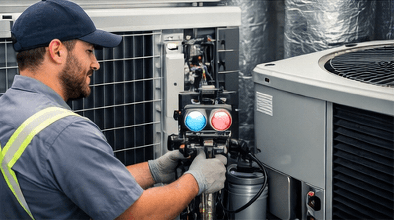 Technician performing seasonal HVAC maintenance