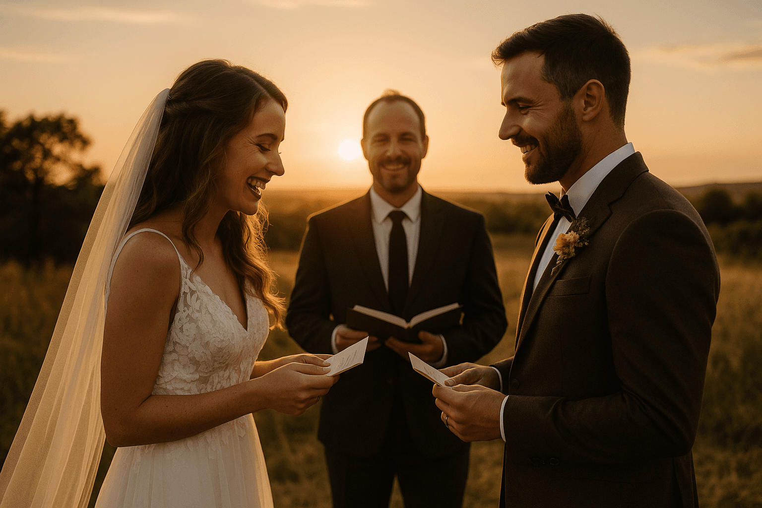 Wedding couple at sunset in an open field